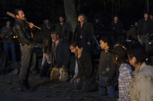 Danai Gurira as Michonne; Michael Cudlitz as Sgt Abraham Ford; Lauren Cohan as Maggie Greene; Andrew Lincoln as Rick Grimes; Sonequa Martin-Green as Sasha; Jeffrey Dean Morgan as Negan Chandler Riggs as Carl Grimes; Josh McDermitt as Dr Eugene Porter - The Walking Dead _ Season 6, Episode 16 - Photo Credit: Gene Page/AMC