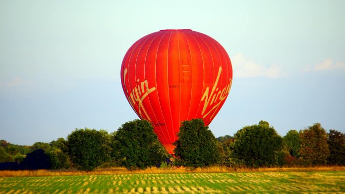 Red Virgin Hot Air Balloon Landscape Photograph