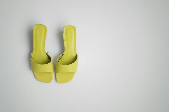 Stylish pair of female mule shoes on light background